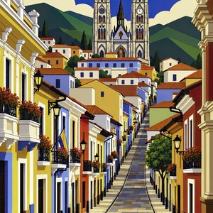May include: A vibrant street scene featuring a steep, cobblestone road lined with colorful yellow, blue, and red buildings. Balconies adorned with red flowers overlook the path, leading toward a grand, twin-spired gothic cathedral.