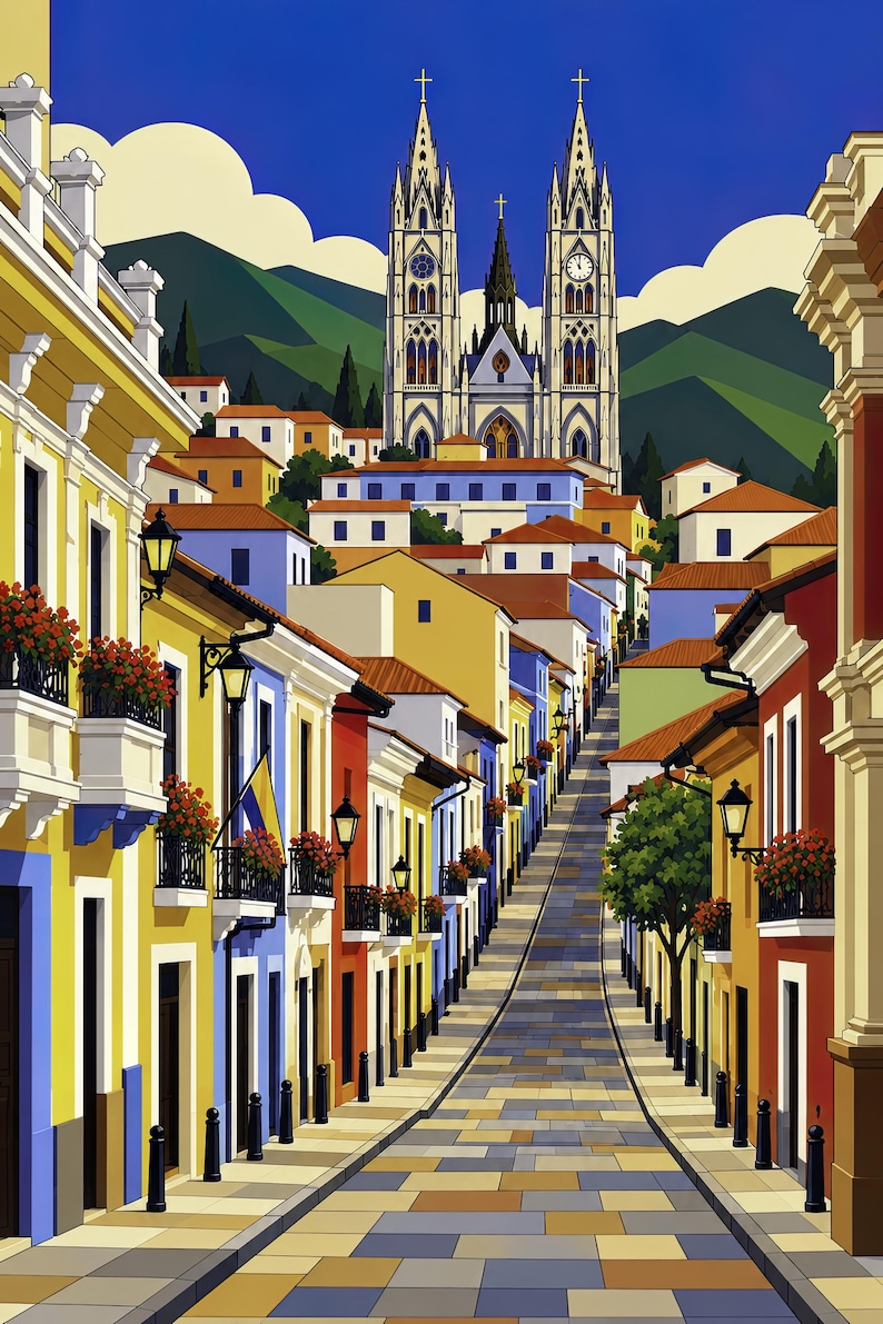 May include: A vibrant street scene featuring a steep, cobblestone road lined with colorful yellow, blue, and red buildings. Balconies adorned with red flowers overlook the path, leading toward a grand, twin-spired gothic cathedral.
