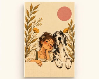 May include: A digital illustration featuring a person with brown hair and a white flower resting their chin on their hand, positioned next to a black and white spotted Great Dane dog. They are framed by tall yellow plants and a pink circle.
