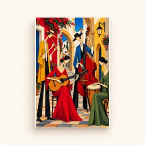 Musicians in a Mediterranean Courtyard — digital illustration shown as a display example. No physical item, frame or props included.