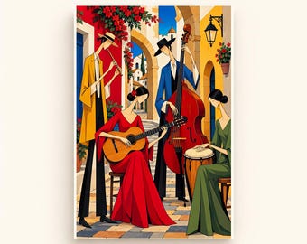 Musicians in a Mediterranean Courtyard Printable Wall Art, Colorful Digital Download, A4 A5 and 2:3 JPG Files