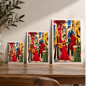 Musicians in a Mediterranean Courtyard — digital illustration shown as a display example. No physical item, frame or props included.