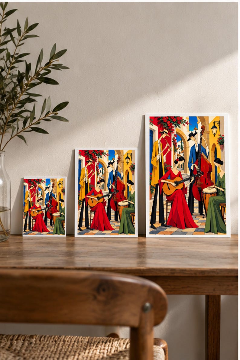 Musicians in a Mediterranean Courtyard — digital illustration shown as a display example. No physical item, frame or props included.