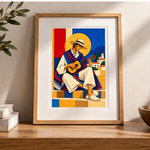 Guitarist Under the Mediterranean Sun — digital illustration shown as a display example. No physical item, frame or props included.