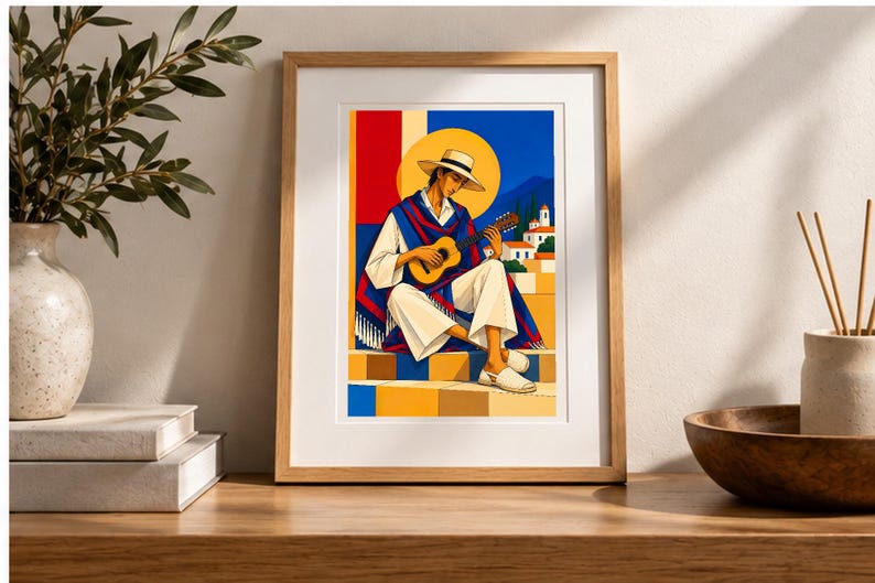 Guitarist Under the Mediterranean Sun — digital illustration shown as a display example. No physical item, frame or props included.