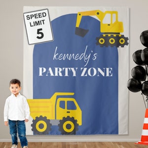 Modern Construction Party Personalized Birthday Party Backdrop | Party Zone Dump Truck Custom Party Backdrop