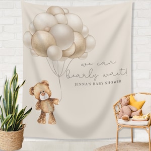 Teddy Bear Personalized Baby Shower Banner | We Can Bearly Wait Custom Party Backdrop | Bear with Balloons | Gender Neutral Baby Shower