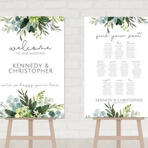 Set di cartelli per cartelloni di benvenuto per matrimoni con vegetazione rustica / Cartelli per matrimoni in eucalipto personalizzati / Trova il tuo posto / Cartello con nome personalizzato