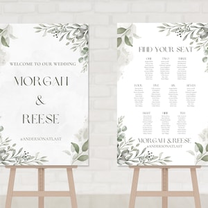 Aquarell Greenery Hochzeit Willkommensschild mit Sitzplan | Personalisierte Eukalyptus Hochzeit Zeichen | Sitz | Rustikales grünes Dekor