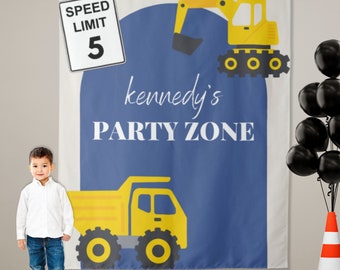 Modern Construction Party Personalized Birthday Party Backdrop | Party Zone Dump Truck Custom Party Backdrop