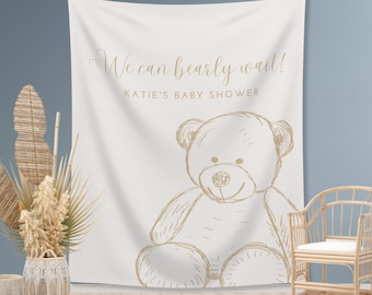 Pancarta personalizada para baby shower con osito de peluche / Fondo personalizado para fiesta "Ya casi no podemos esperar" / Decoración unisex para baby shower / Baby shower para niño