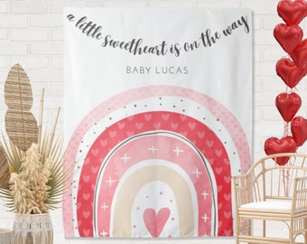 A Little Sweetheart Is On The Way Pink Boho Rainbow Custom Birthday Backdrop | Personalized Valentine's Day Photo Booth