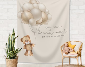 Osito de peluche personalizado baby shower banner / Podemos esperar con paciencia telón de fondo de fiesta personalizado / oso con globos / género neutro baby shower