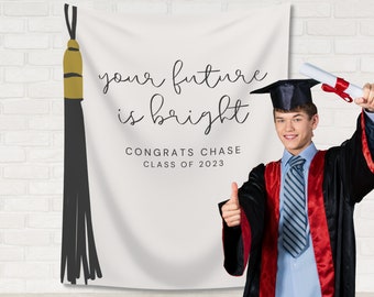 Your Future Is Bright Custom Text Graduation Party Backdrop | Personalized School Colors Tassel Banner