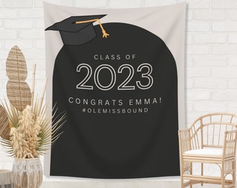 Class of 2024 Grad Cap Arch Custom Graduation Party Backdrop | Personalized Hashtag School Colors Banner | Highschool or College Grad Gift