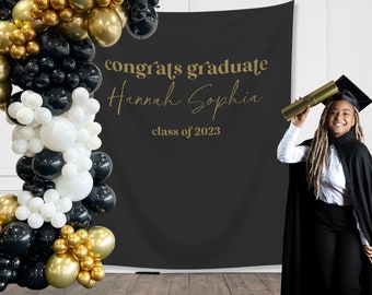 Congrats Graduate Class of 2024 Custom Graduation Party Backdrop | Personalized Congrats Grad School Colors Banner | Simple Retro Senior