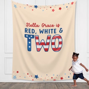 Red, White & Two Custom Name American Flag Birthday Party Banner| 4th of July Personalized 1st, 2nd or 3rd Birthday Party Backdrop