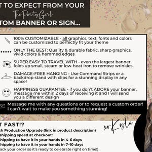 Puede incluir: Imagen promocional de pancartas y letreros personalizados. El texto detalla la personalizaci&oacute;n, la calidad, la facilidad de transporte y la suspensi&oacute;n sin da&ntilde;os. La imagen incluye una foto de una mujer y el texto "What to Expect From Your Custom Banner or Sign".