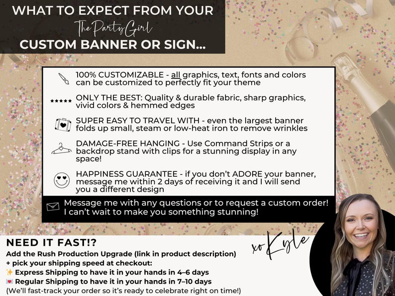 Puede incluir: Imagen promocional de pancartas y letreros personalizados. El texto detalla la personalizaci&oacute;n, la calidad, la facilidad de transporte y la suspensi&oacute;n sin da&ntilde;os. La imagen incluye una foto de una mujer y el texto "What to Expect From Your Custom Banner or Sign".