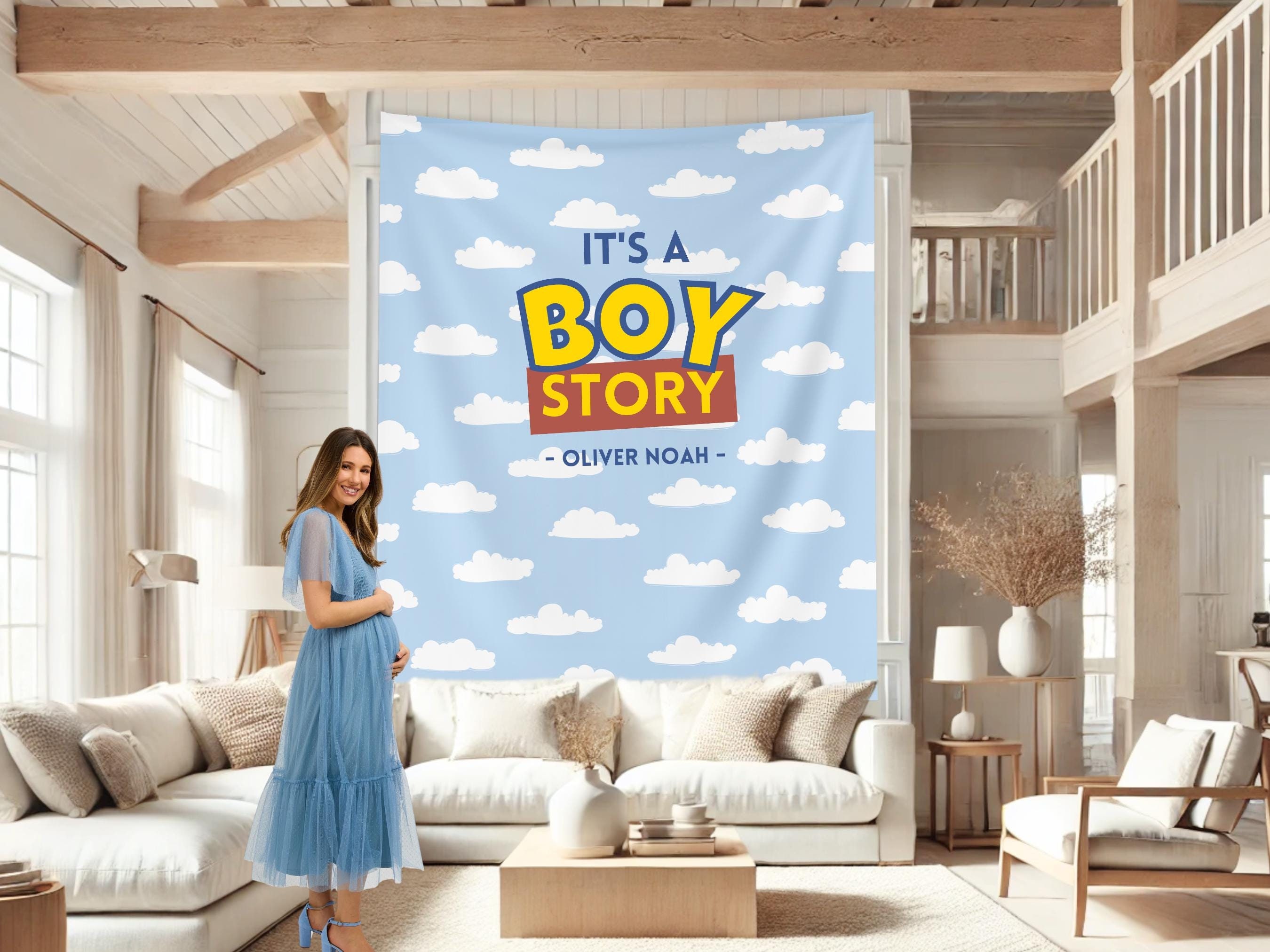 It's a Boy Story Custom Baby Shower Backdrop Banner, Custom Story Backdrop,  Boy Shower Theme, Blue Cloud, Toy Classic Bright, Muted Colors - Etsy, image size:2700x2025
