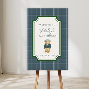 Letrero de bienvenida personalizado con osito de peluche preppy, para baby shower de género neutro, temática de baby shower de niño, Bearly Wait, cuadros de golf, decoración de osito