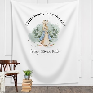 A Little Bunny Is On The Way Custom Peter Rabbit Backdrop | Personalized Bunny Boy or Girl Baby Shower Banner