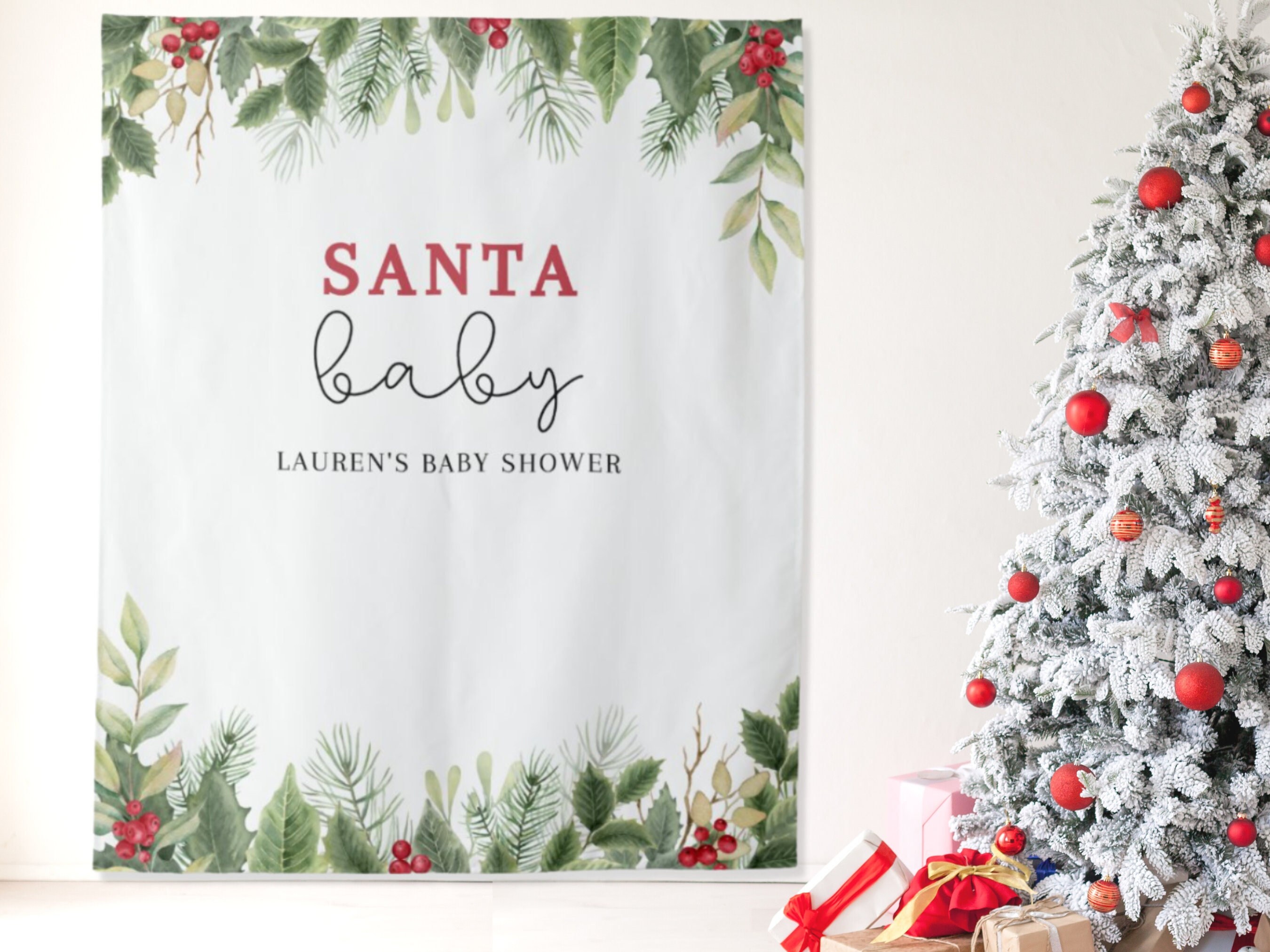 Santa Baby Custom Baby Shower Banner Holiday Party Backdrop for Balloon Garland Mistletoe Winter ONEderland December Birthday