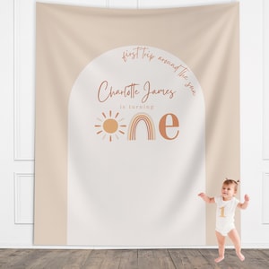 First Trip Around the Sun Birthday Banner, One Little Sunshine Personalized Backdrop, Custom Boho Rainbow Party Backdrop, 1st Birthday
