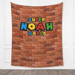 Super World Customizable Birthday Backdrop | Personalized Video Game Birthday Party Banner | Super Bros. Custom Name | Brick Wall Warp Pipe