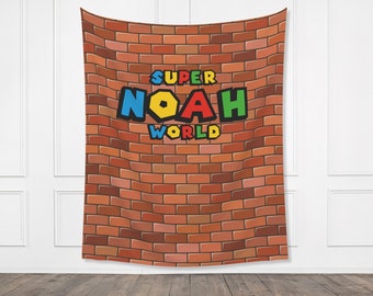 Super World Customizable Birthday Backdrop | Personalized Video Game Birthday Party Banner | Super Bros. Custom Name | Brick Wall Warp Pipe