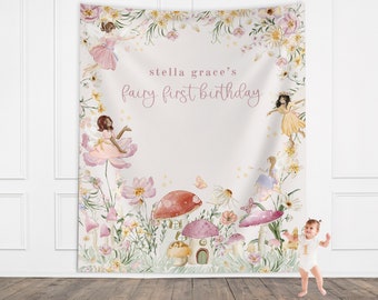 Niestandardowy baner urodzinowy wróżki, kapryśna impreza wróżek wróżek, magiczna impreza wróżek w kwiatach, pierwsze urodziny wróżki, przyjęcie herbaciane w ogrodzie