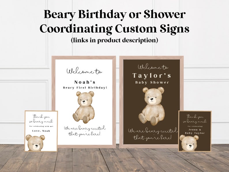 Może przedstawiać: Skoordynowane niestandardowe znaki na baby shower lub urodziny. Znaki zawierają ilustrację misia i tekst "Witamy na pierwszym urodzinach Noah!" oraz "Witamy na baby shower Taylor".