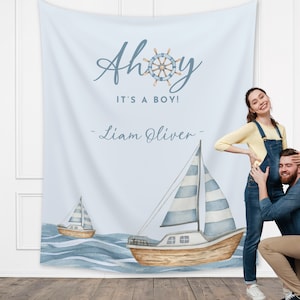 Ahoy It's a Boy Custom Baby Shower Backdrop | Nautical Baby Shower Boy | Gender Neutral | Personalized Sailboat Sea Party Banner Décor