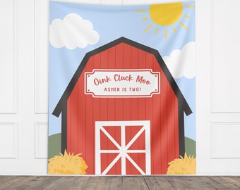 Custom Farm Party Banner, Birthday Party Barn Backdrop, Boy Birthday Barnyard, Girl Birthday Party Décor, Baby Shower Décor, Oink Cluck Moo