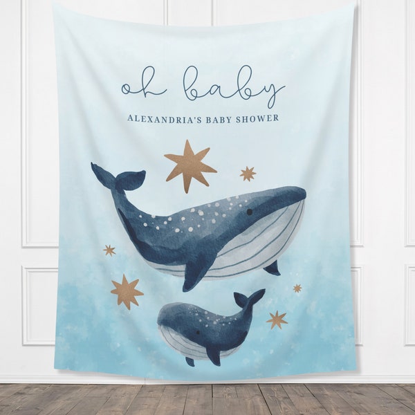 Coastal Whale Custom Baby Shower Backdrop | Nautical Ahoy It's a Boy | Gender Neutral | Personalized Under the Sea Party Banner Décor