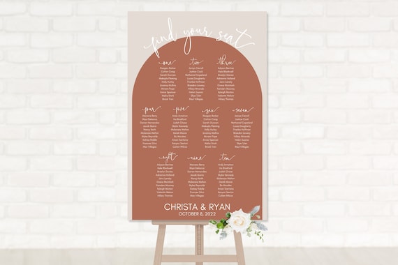 Terracotta Rust Arch Wedding Seating Chart Sign | Personalized Guest List and Seating Table Chart | Find Your Seat | Simple Modern Boho