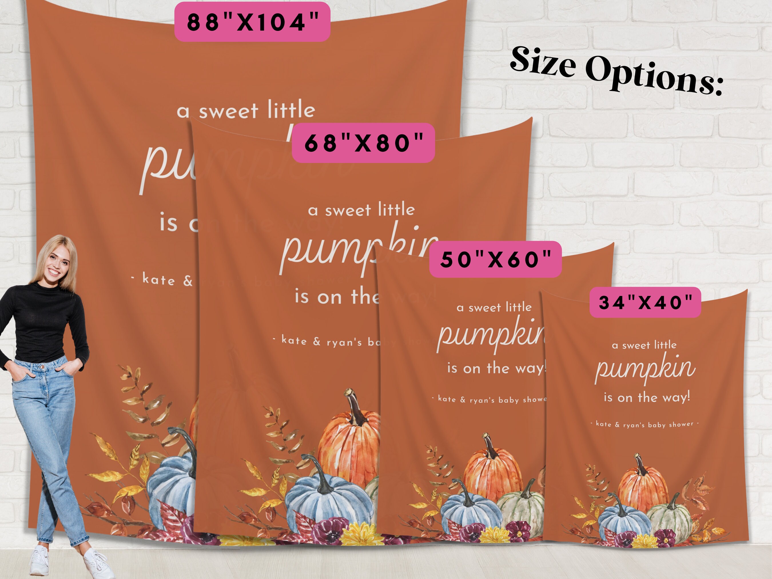 Pumpkin Baby Shower Backdrop - 5.9x3.6ft Orange White Floral 'A Little Pumpkin Is On The Way' Banner