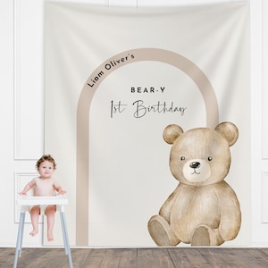 Banner personalizzabile della festa del primo compleanno di Beary / Bear-y 1° compleanno ragazzo / Decorazione dello sfondo dell'orsacchiotto / Baby Shower Bearly Wait / Arco moderno