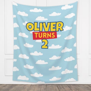 Custom Birthday Story Backdrop Banner, Boy Birthday Party Theme, Blue Cloud Banner, Toy Classic Bright, Muted Colors, or Pink | Two Infinity