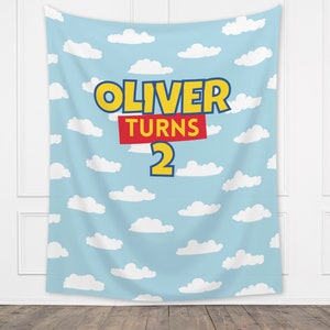 Custom Birthday Story Backdrop | Boy Birthday Party Theme | Blue Cloud Banner | Toy Classic Bright, Muted Colors, or Pink | Two Infinity