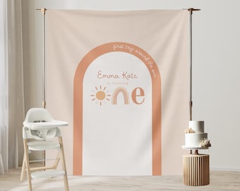 Baner urodzinowy „Pierwsza podróż dookoła słońca”, spersonalizowane tło „One Little Sunshine”, spersonalizowane tło na imprezę w stylu boho rainbow, pierwsze urodziny