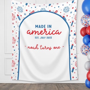 Made in America Custom Text July 4th Birthday Party Banner| 4th of July Personalized 1st, 2nd or 3rd Birthday Party Backdrop