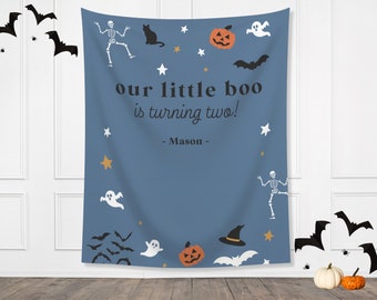 Our Little Boo is Turning Two Halloween Birthday Party Banner| Customizable Text Backdrop | Spooky One | Our Little Pumpkin | Two Spooky