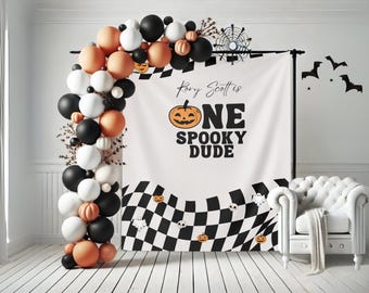 One Spooky Dude Halloween Birthday Party Banner, Completely Customizable Text Name Backdrop, Our Little Boo, Our Little Pumpkin, Two Spooky