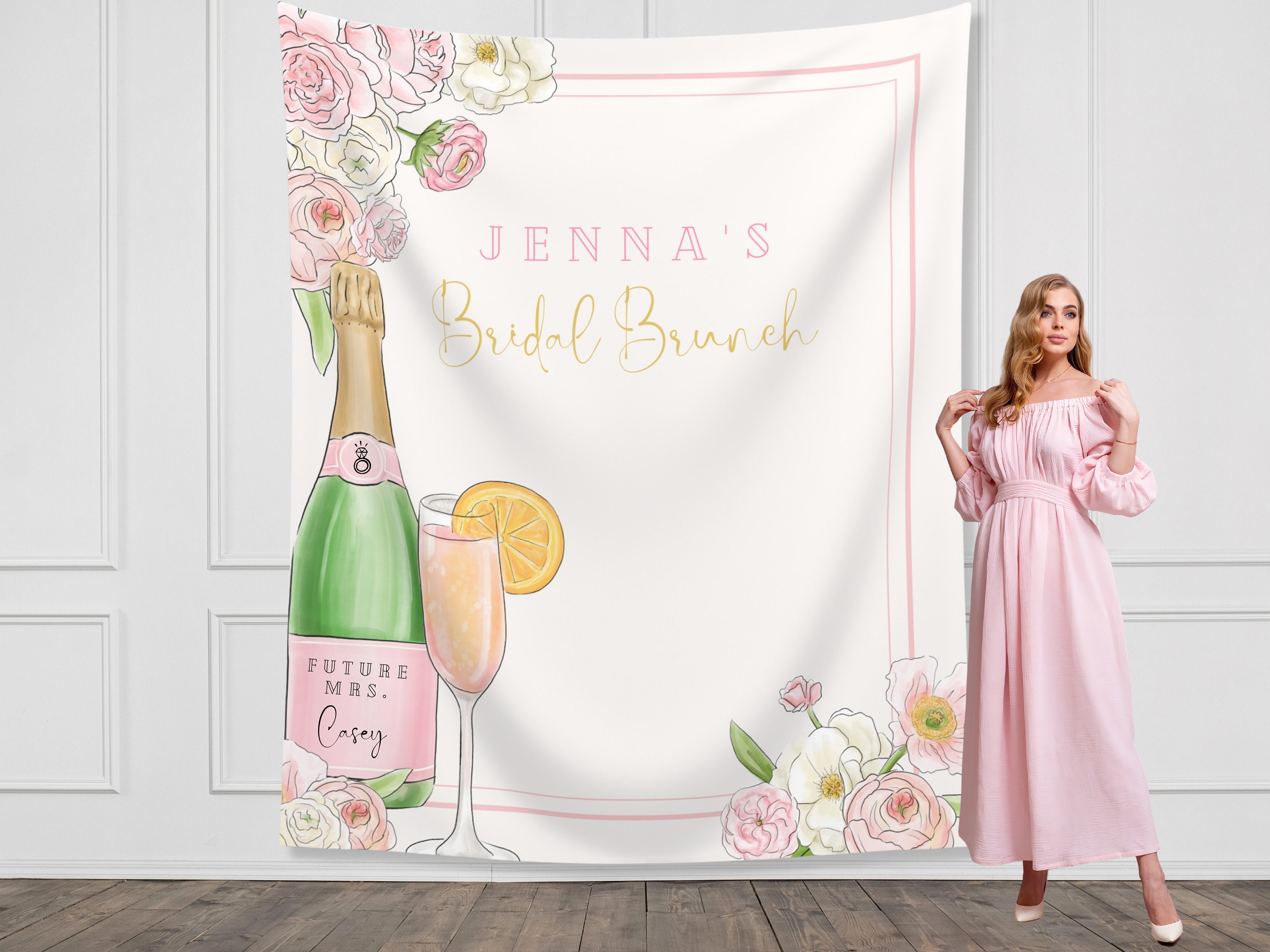 Champagne Bridal Brunch Custom Text Backdrop Pink Floral Bridal Shower Party Personalized Banner