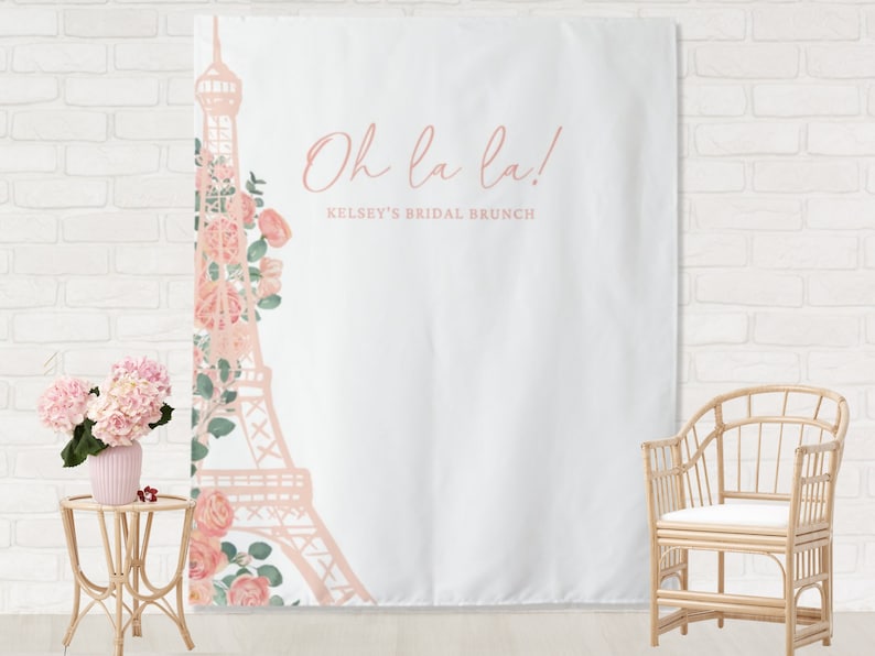 Oh La La Eiffel Tower Custom Shower Backdrop Personalized Bridal Shower or Bachelorette Party Photo Booth Pink