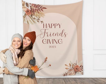Happy Friendsgiving Boho Arch Fall Floral Custom Banner | Thanksgiving or Friendsgiving Party Backdrop for Balloon Garland | Dried Pampas