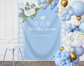 Baner urodzinowy One for the Roses Kentucky Derby, dekoracje wyścigów konnych, pierwsze urodziny, w drogę, spersonalizowany tekst w kratkę gingham i kwiaty