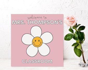 Groovy Boho Retro Daisy Smiley Custom Classroom Board Sign | Retro Daisy Smiley Personalized Teacher Sign