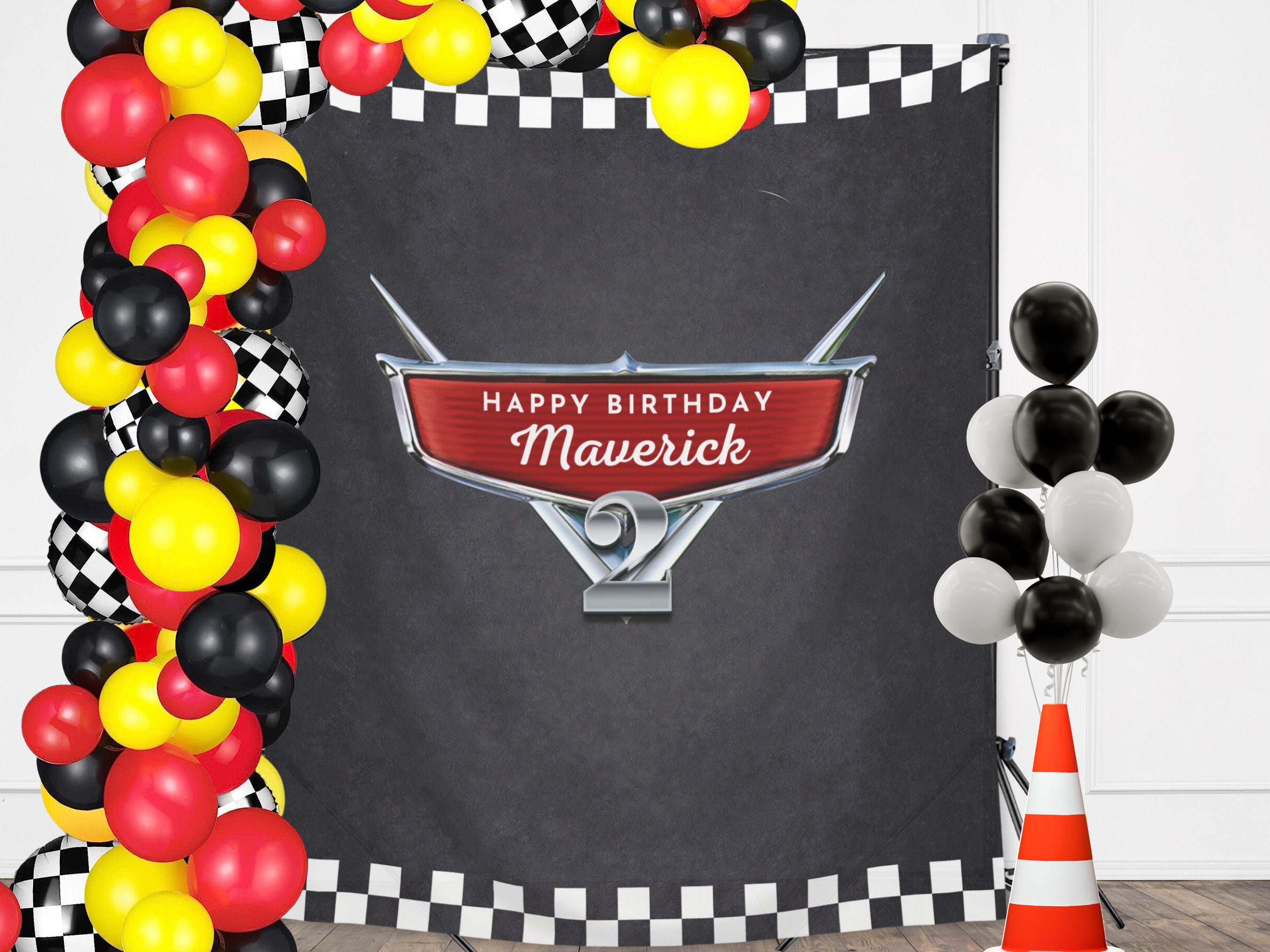 Personalized Cars Logo Banner Boy Birthday Party Theme Lightning Race Car Backdrop Two Fast Birthday Racing Birthday